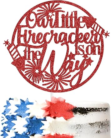 Our Little Firecracker is on the Way Cake Topper, Little Firecracker Baby Shower Cake Decor, Happy 4th of July Patriotic Theme 1st Birthday Party Decorations Supplies Red Glitter