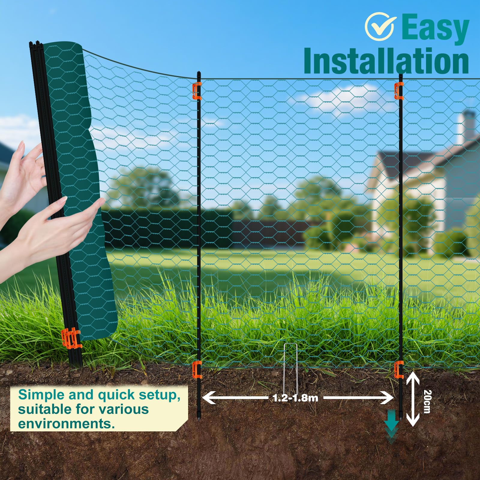 Begrenzungszaun/Maschendrahtzaun mobiler Hühnerzaun & Hundezaun, 120 cm, Kunststoff beschichtet, Geflügelzaun Set, 15 m / 25 m / 30 m, Steckzaun mit Fiberglaspfosten für Garten & Tiergehege