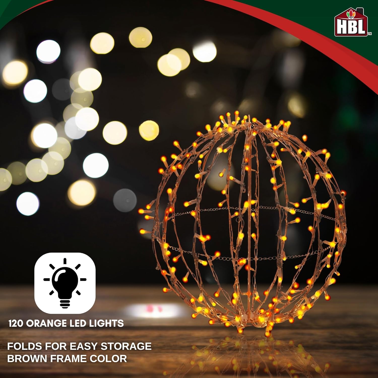 Holiday Bright Lights 15 Inch LED Foldable Brown Sphere with 120 Orange Lights, Indoor Outdoor Christmas Pathway Ball Decoration for Yard Garden Patio and Garage