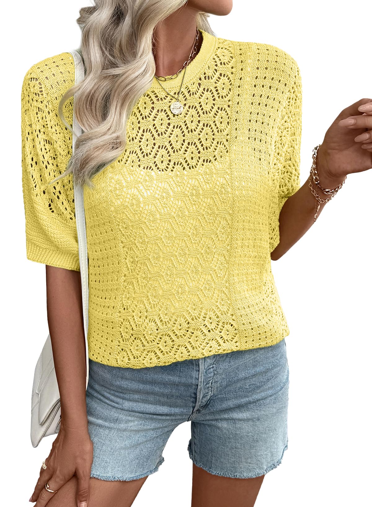 EVALESS Womens Crochet Tops Short Sleeve Hollow Out Knit Sweater Spring Summer Trendy Lightweight Casual Vacation Clothes