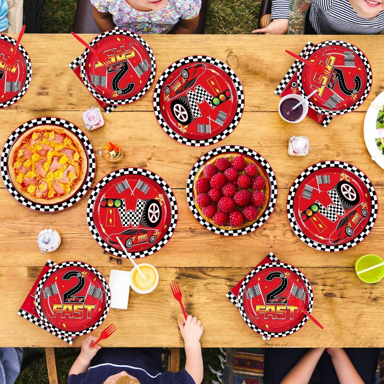 Grencian 96Pcs Race Car Two Fast Decorations 2nd Birthday Party Plates and Napkins Racing Themed Disposable Tableware Set for 2 years old Boys Transportation Birthday Party Serve 24