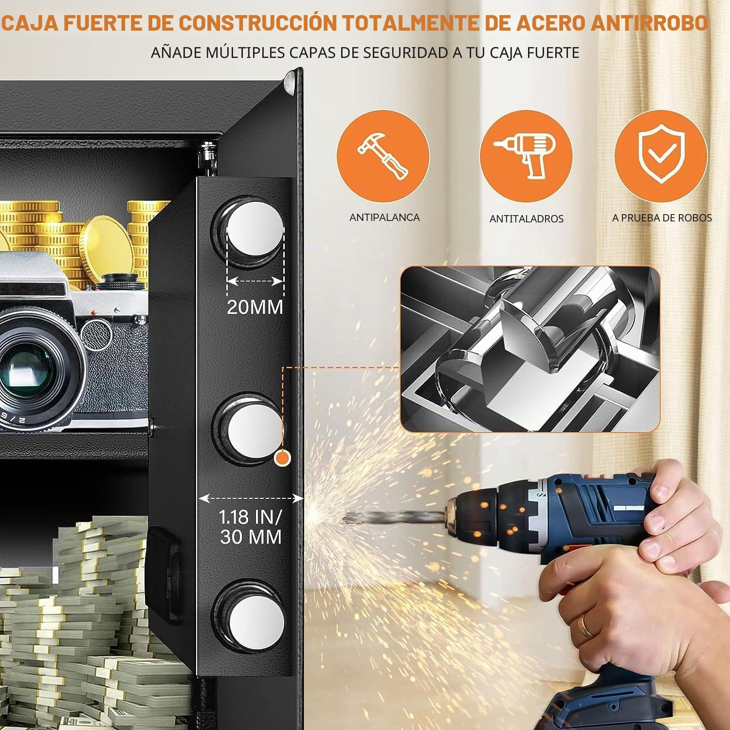 Caja de seguridad doméstica de 54L con bolsas ignífugas, Caja de seguridad secreta de hotel con cerradura de combinación con cerradura de tres pernos y estante removible 45x31x37cm VIHBRAI