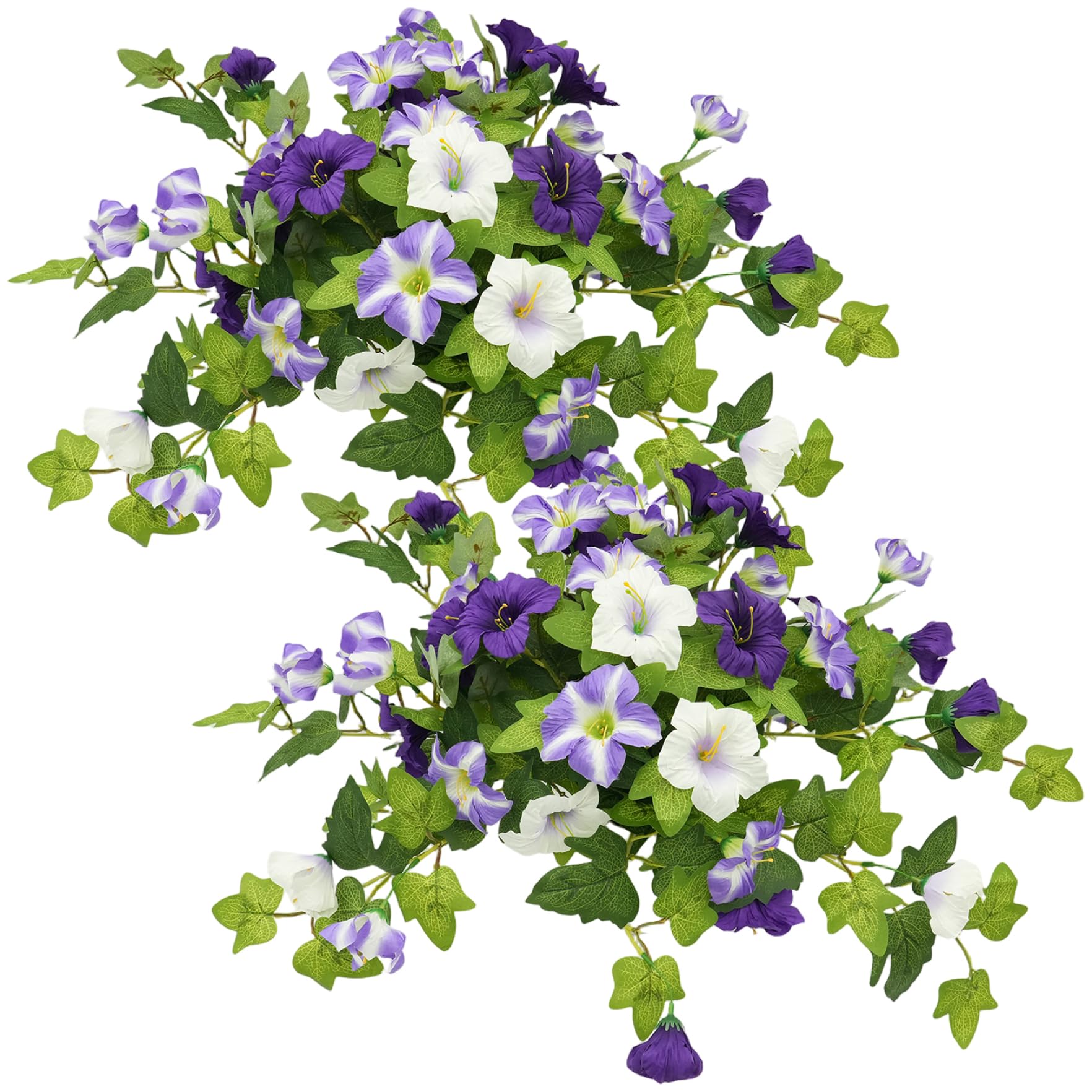 Petunias artificiales moradas y blancas en pack de 2 plantas de seda de 50 cm para exterior