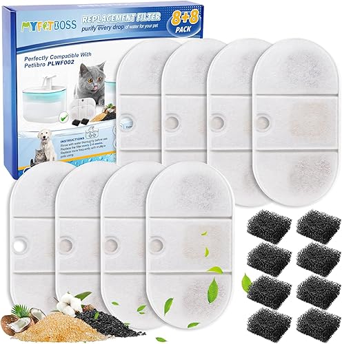 Filtro de fuente de agua para gatos, paquete de 8 filtros de repuesto y 8 filtros de esponja compatibles con PETLIBRO Capsule 71 oz2.1 L, fuentes de