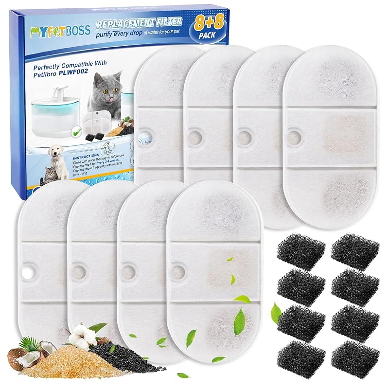Refil para Fonte de Água para Gatos MyfatBOSS Compatível com PETLIBRO PLWF002, 8 Filtros + 8 Esponjas