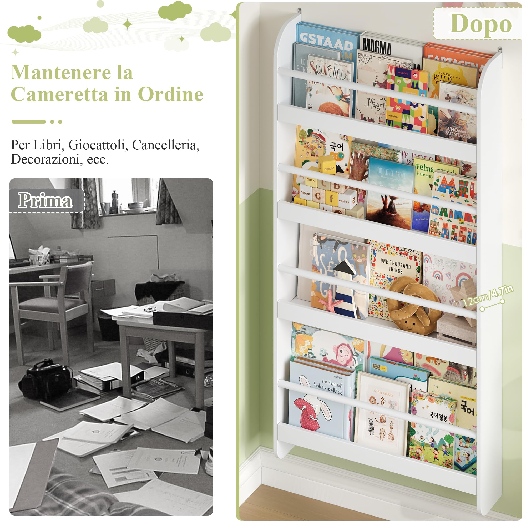 FOREHILL Libreria da Parete per Bambini,Libreria Montessoriana per Bambini,con 4 Scomparti Pensili,Scaffale Porta Libri a Muro per Cameretta e Stanza dei Giochi, Bianco 57×12×111,5cm