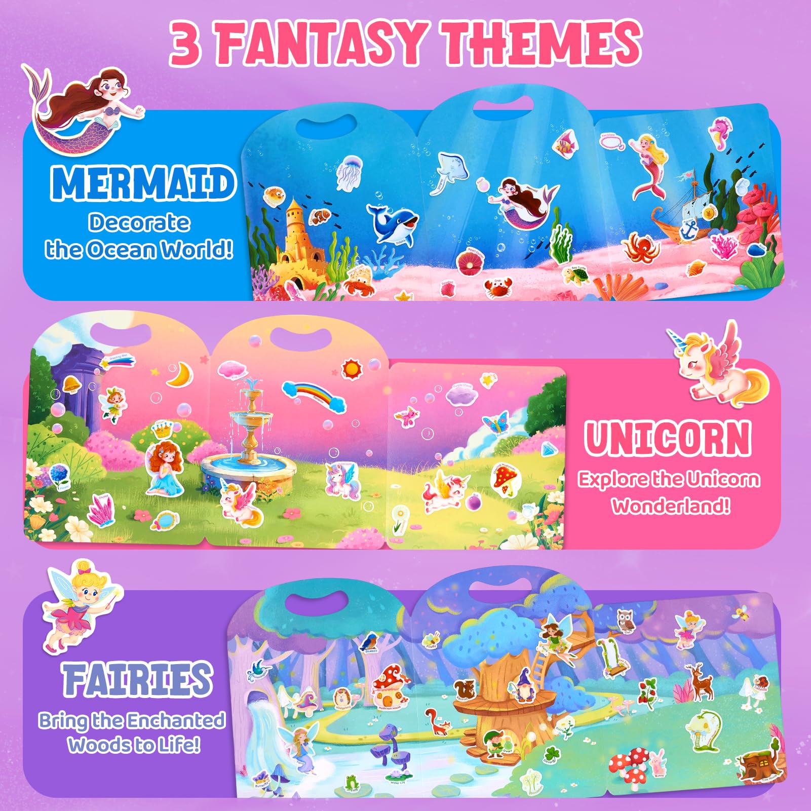 JoyCat Lot de 3 Livres Autocollants Réutilisables: Licorne, Fées, Sirène - 90 Gommettes Enfant, Livre d'activités pour enfants 3 4 5 Ans, Jouets éducatifs, Cadeaux d'anniversaire Garçons et Filles