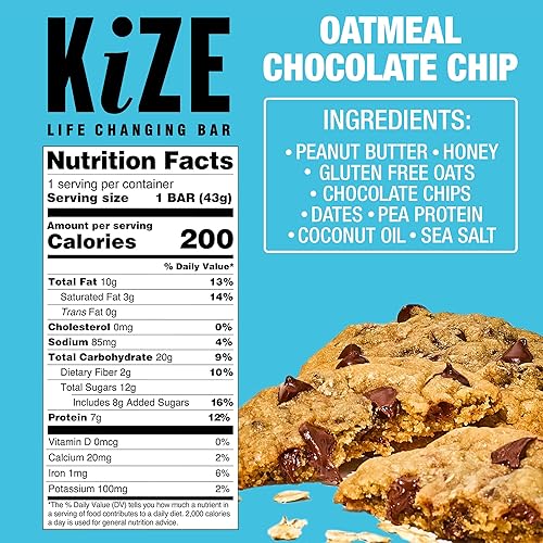 Miniatura 2 de KiZE Barra energética, avena con chispas de chocolate, 8 ingredientes alimenticios reales limpios y simples, 0.27 onzas de proteína, sin gluten, sin