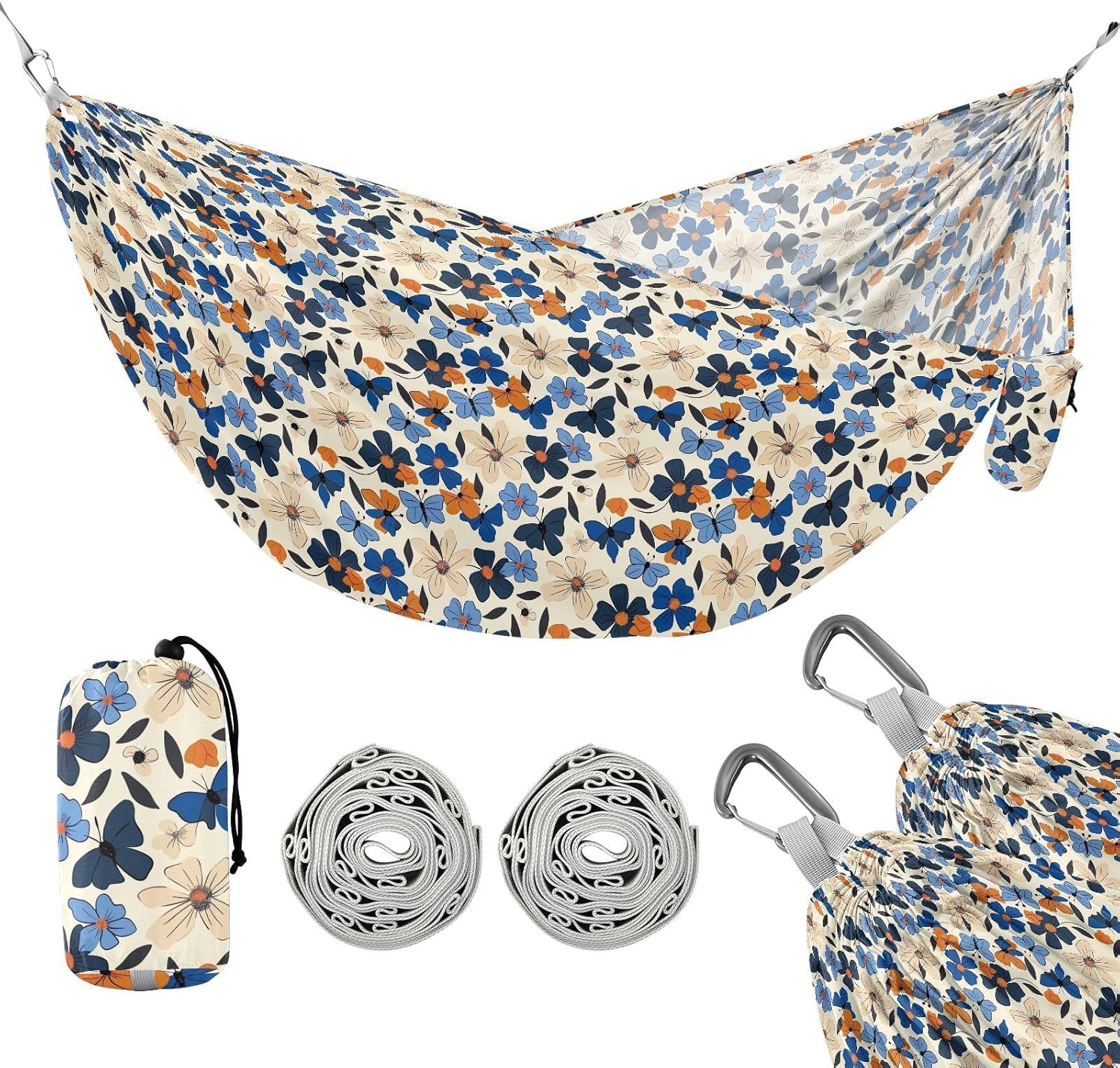 ALAZA Butterfly Flowers Camping Hammocks Single or 2 Person 500 lbs Portable Parachute Travel Hammock w/Tree Straps for Hiking Backpacking Indoor Outdoor