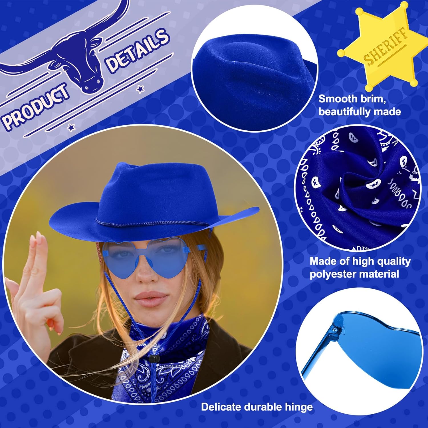Newcotte 18 Pcs Western Cowboy Hat Set Include 6 Felt Cowgirl Hats 6 Paisley Bandanas 6 Pairs Heart Glasses for Party Costume