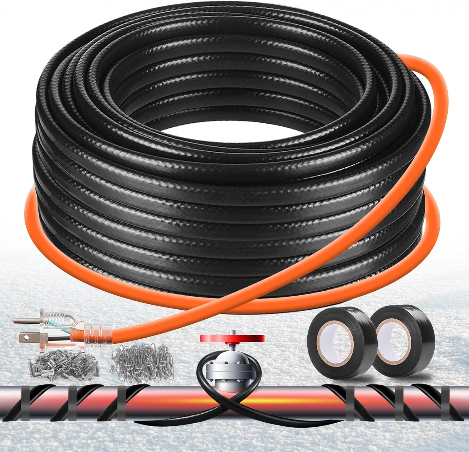 3FT-160FT Heat Tape for Water Pipes,Heating Cable for Pipe Freeze Protection,Water Pipe Insulation/Roof Snow De-Icing,Deicing Heating Cable,with Mounting Buckle (100FT)