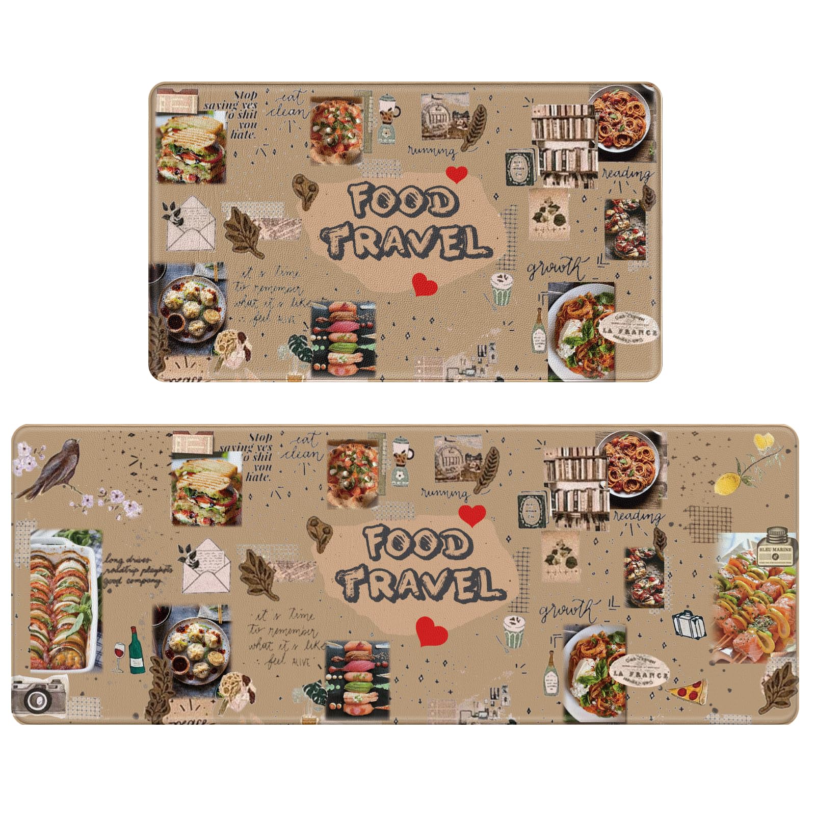 Hoikwo Anti Fatigue Kitchen Mats, 2 PCS Cushioned Food Travel Theme Kitchen Rugs, 17’’x47’’+ 17’’x29’’ Non Slip, Shatterproof and Soft Floor Mat Set for Laundry, Office, Sink