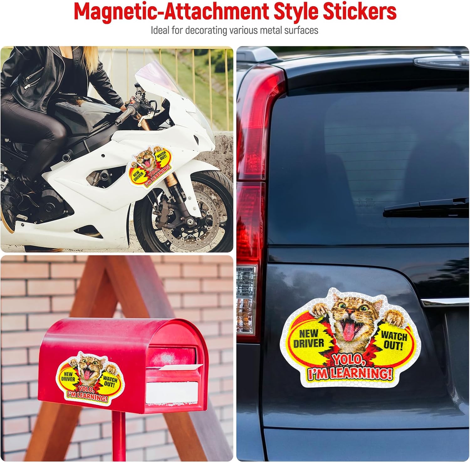 3 Pcs Reflective Student Driver Magnet and Stickers Set - Funny Animal New Driver Safety Signs for Car, Waterproof & Weatherproof High Visibility Vehicle Bumper Decals, Magnet + Stickers (Cat) image 4