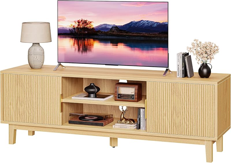 PRAISUN 54 Inch Fluted TV Stand for TVs Up to 55, 60 Inch, Mid Century Modern Entertainment Center with Storage, TV Console with Adjustable Shelves, Media Console for Living Room Bedroom, Beige