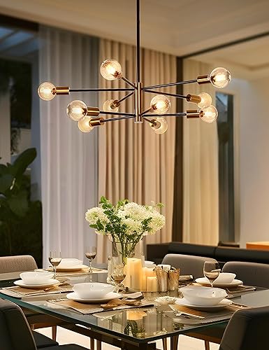 Miniatura 2 de DORESshop Candelabro Sputnik moderno, lámpara de techo de 10 luces, altura ajustable, acabado chapado de mediados de siglo, lámparas negras y