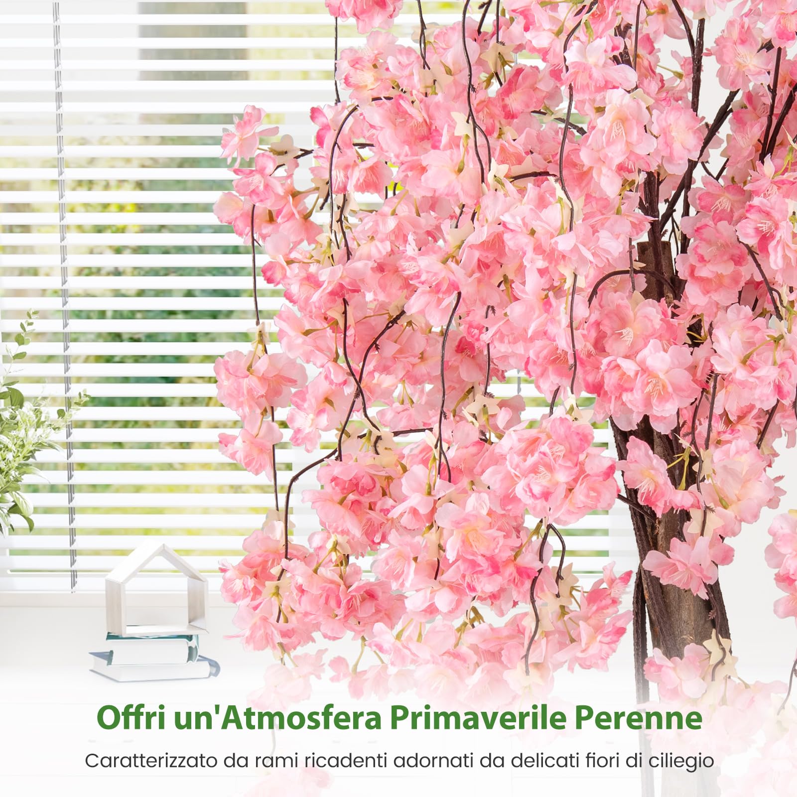 COSTWAY Albero di Ciliegio Artificiale 163 CM, Pianta Finta da Interno con Vaso in PP Riempito con Cemento, Fiori in Tessuto, Decorazione per Ufficio, Casa e Veranda (Rosa)