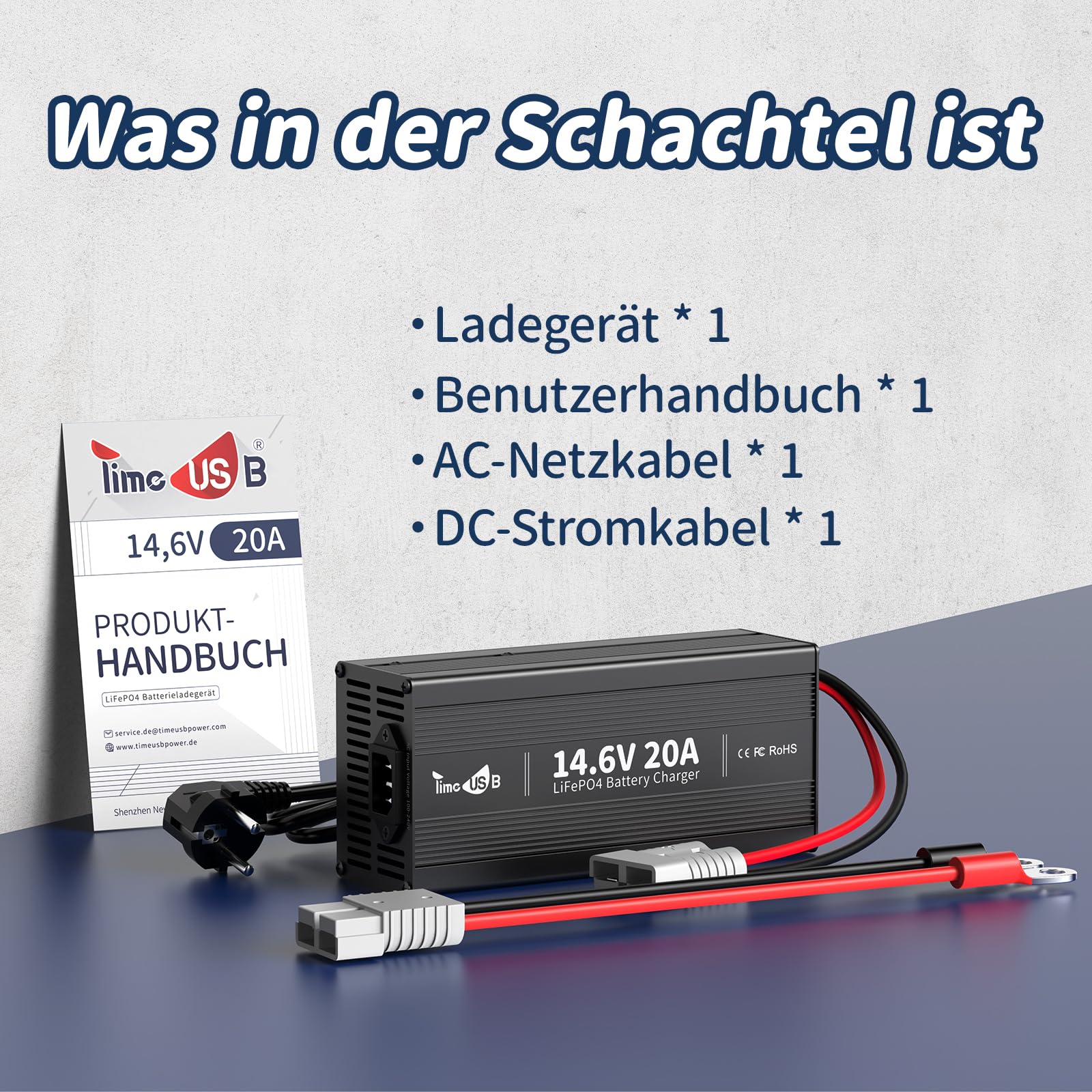 Timeusb LiFePO4 ladegerät 14,6V 20A Batterieladegerät 12V für Lithium-Eisenphosphat-Batterie, Schnelles Aufladen LiFePO4 Akku-Ladegerät mit Erhaltungsladefunktionen Kompaktes Design mit vollem Schutz