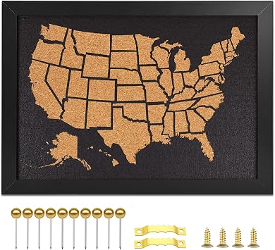 Black Frame Cork Board Map of The United State, 14" X 11" Bulletin Boards for Walls with 10 Pins, Travel Tracker Map for Office, School and Home US-MAP-2636,B