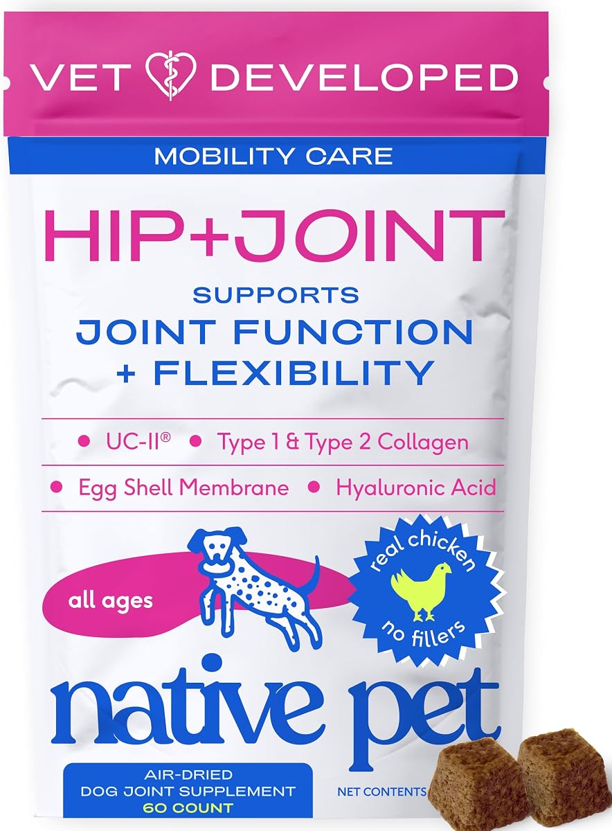 Native Pet Mobility Care - Hip & Joint Supplement for Dogs - UC-II Collagen, Egg Shell Membrane & Hyaluronic Acid - Dog Joint Supplement Chews Supports Cartilage, Mobility & Flexibility - 60 Chews