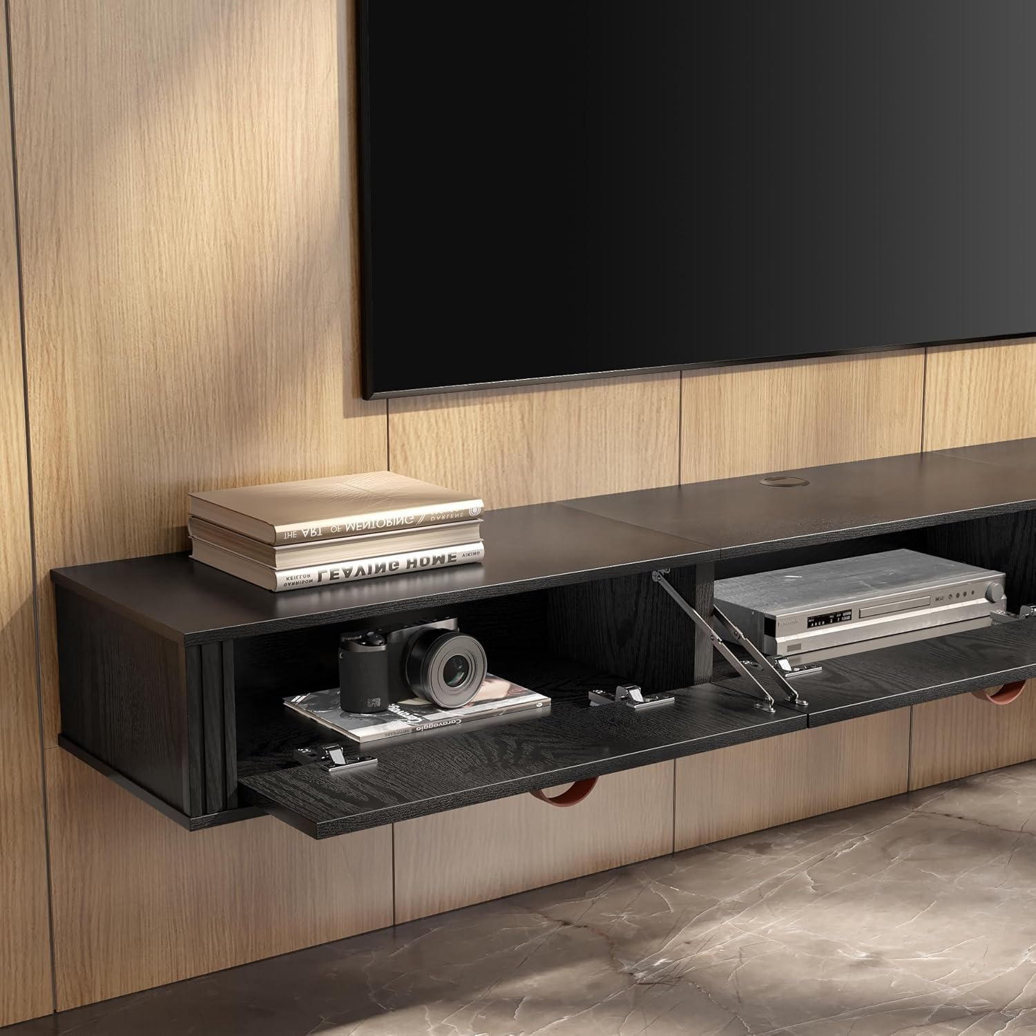 WAMPAT Floating TV Stand for TVs up to 70 Inches, Wall-Mounted Wooden Media Console Entertainment Center with Cabinet, Floating TV Shelf for Living Room or Bedroom, Black