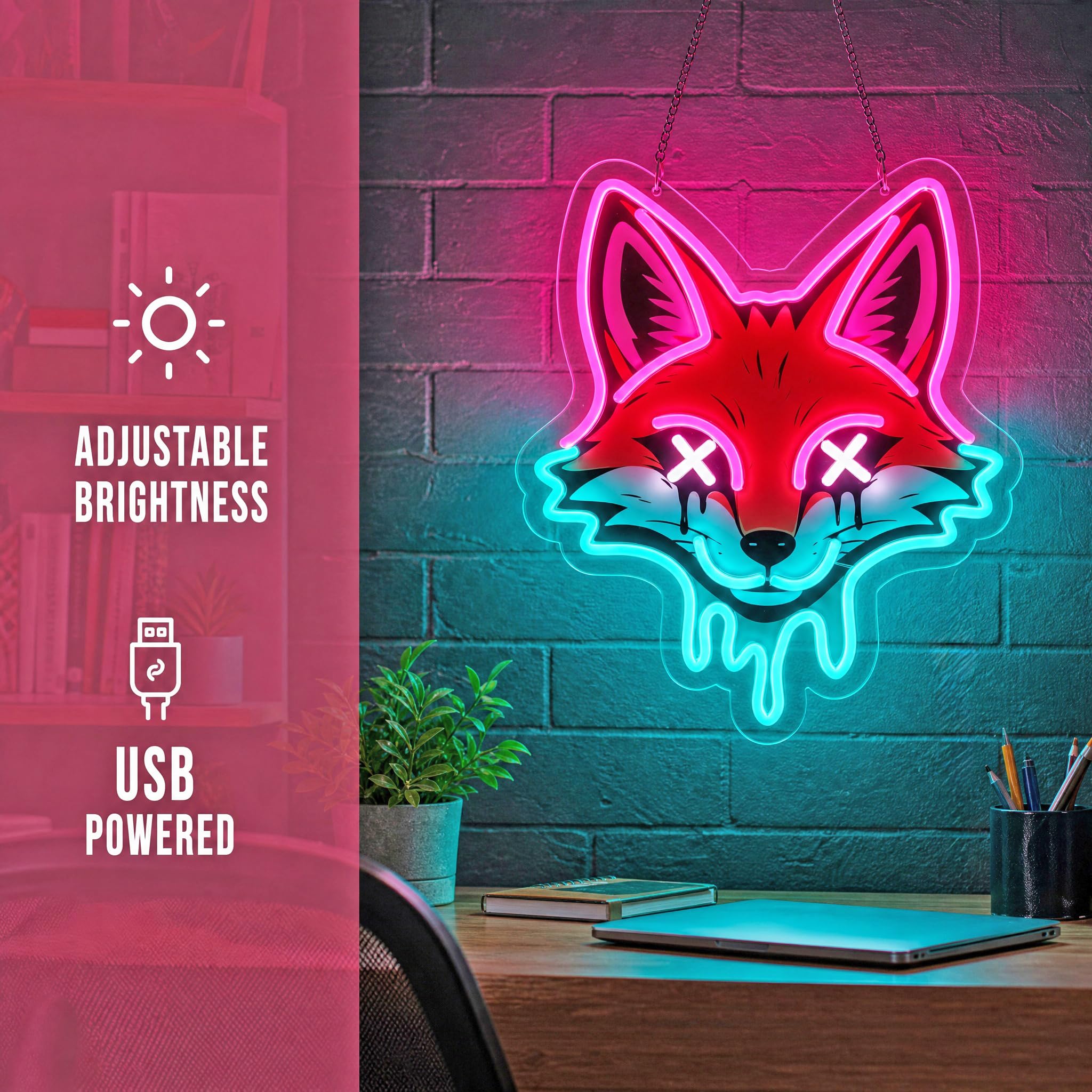 Cyberpunk - Letrero de neón LED rosa y azul hielo para decoración de pared, 14.5 x 12.6 pulgadas, letrero de neón de animales estéticos oscuros con cable USB de 6.5 pies, luces de neón de zorro