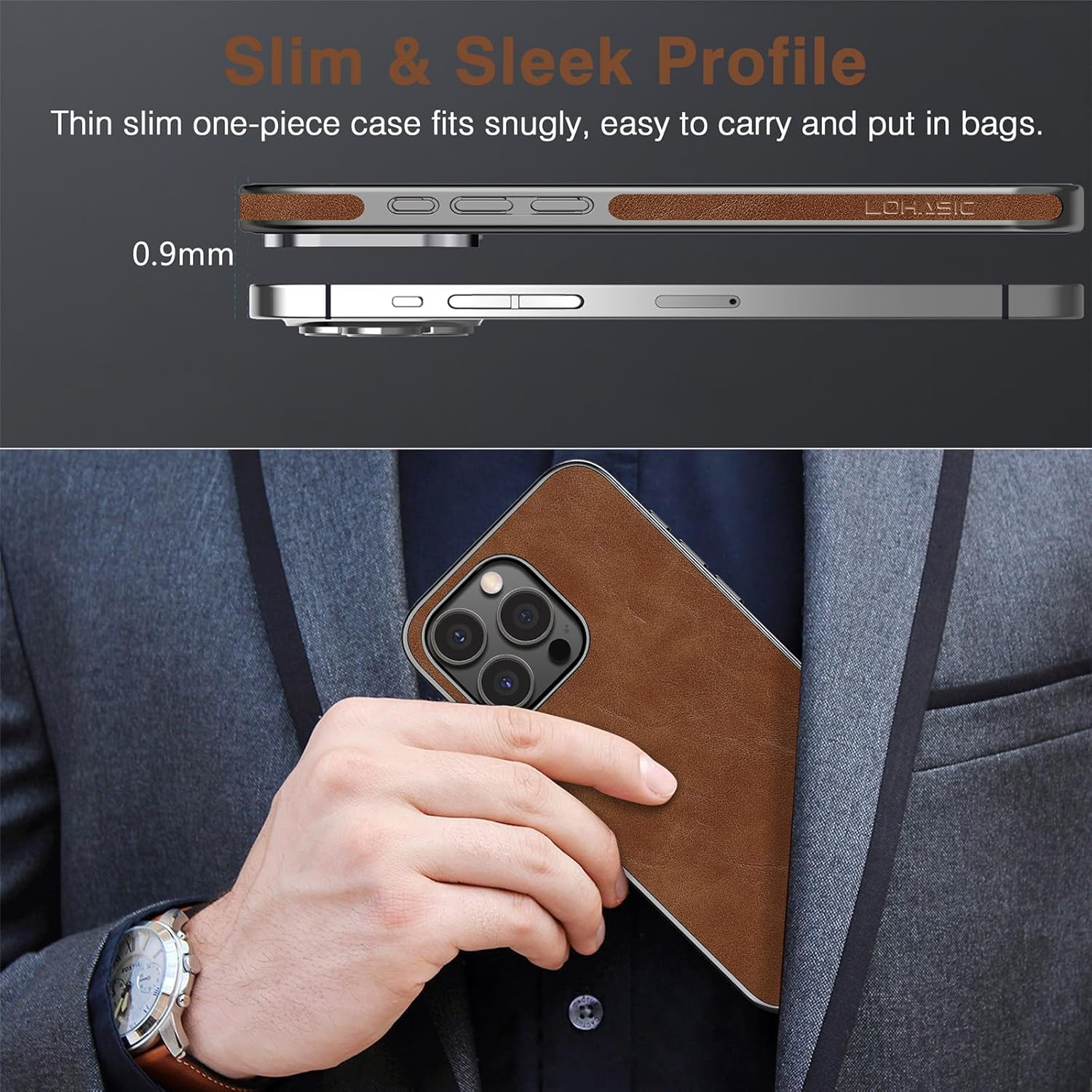 LOHASIC for iPhone 15 Pro Leather Case, Luxury Vintage Slim Thin PU Flexible Bumper Non-Slip Grip Shockproof Full Body Protective Cover Men Women Phone Cases for iPhone 15 Pro 6.1 inch (2023) - Khaki - Image 4