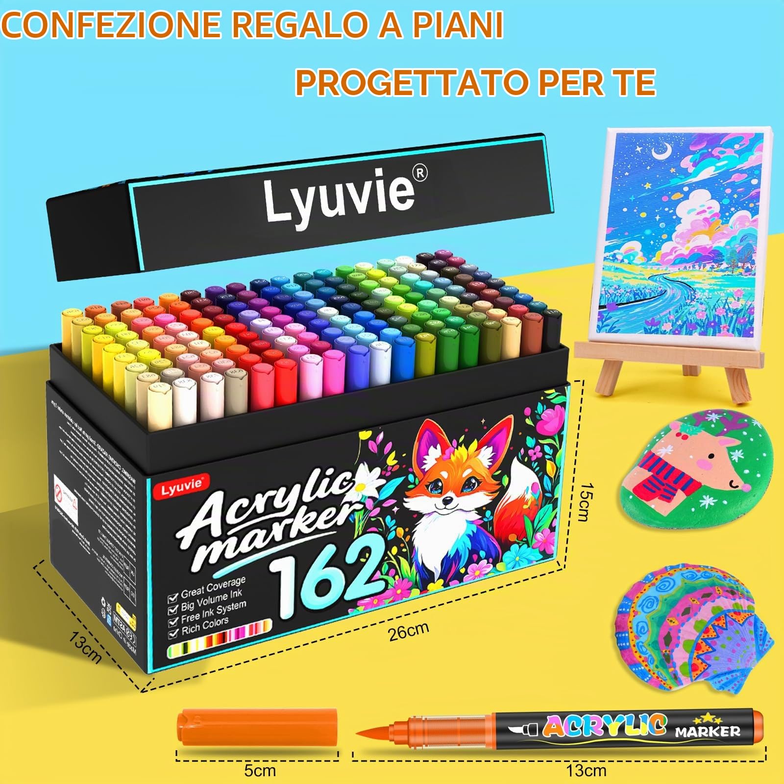 Lyuvie Set di 162 Colorati pennarelli acrilici a base d'acqua, pennarelli permanenti per pittura su roccia, pietra, legno, carta, tessuto, ciottoli, vetro, plastica