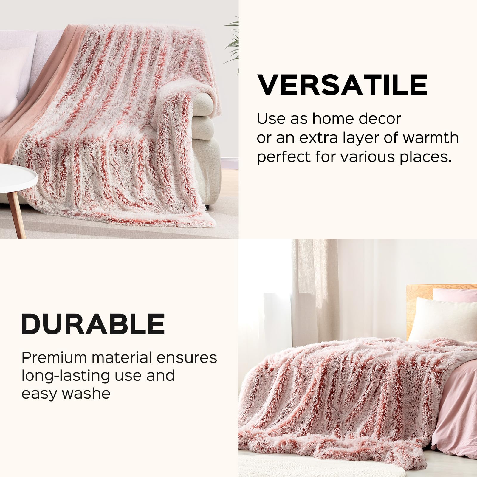 KANKAEU Coperta 160x200 cm, Coperta Pelliccia Morbida e Soffice, Rosa Chiaro Sfumata, Plaid Decorative Speciale per Divano e Letti, Coperta Pile Calda, Plaid Matrimoniale, Copriletti