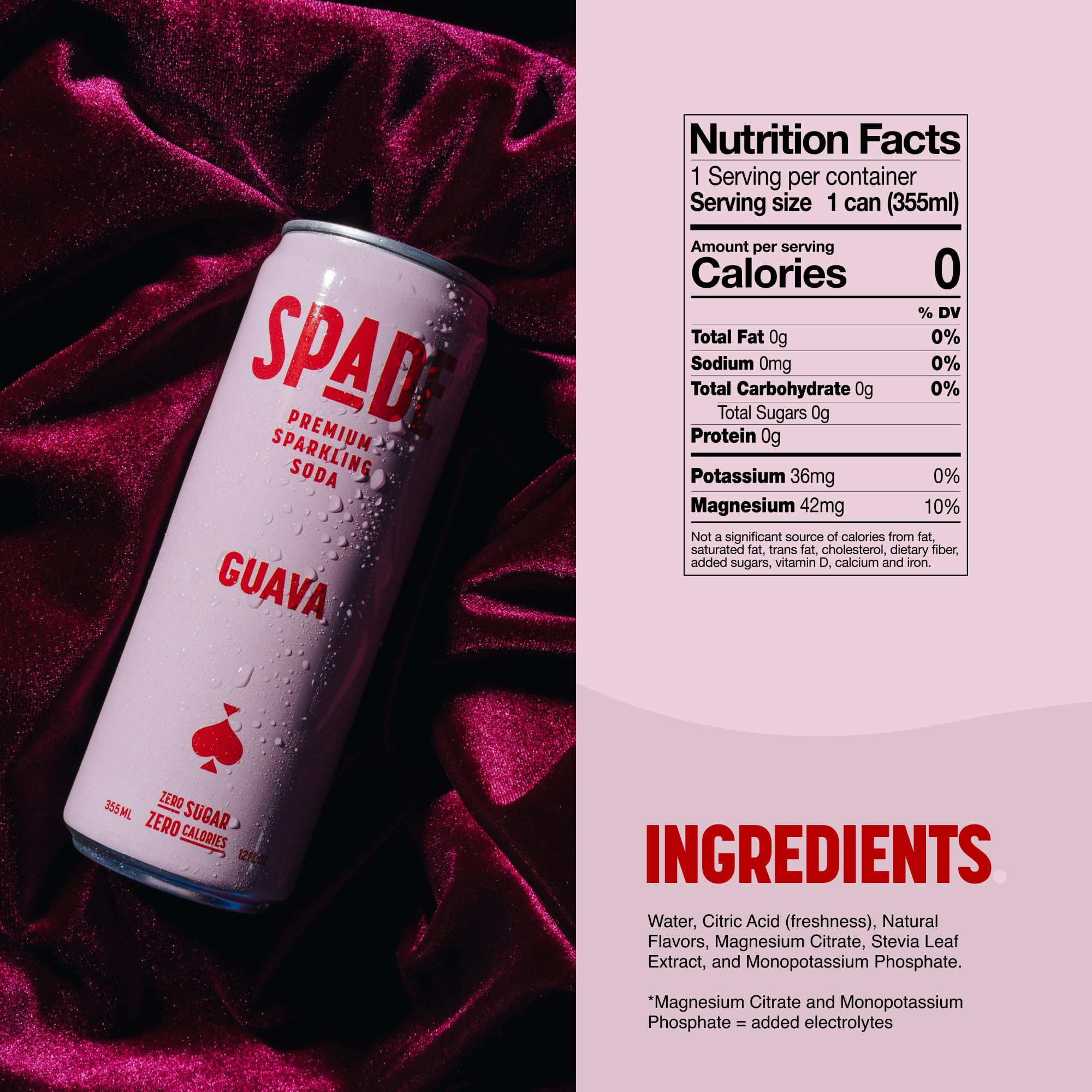 Spade Soda Guava 12 Pack, Premium All-Natural, No Sugar, No Calories, Electrolytes, Magnesium, Potassium, Healthy Non GMO, Sweet Quality Stevia, No Artificial Sweeteners, Great Taste, Bold Taste