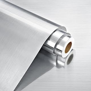 WESTICK Glossy Stainless Steel Contact Paper for Countertops Waterproof Refrigerator Wrap Oil Proof Brush Silver Vinyl Wallpaper Peel and Stick Metallic Fridge Wrap for Appliance Cabinets 15.8" x 80"