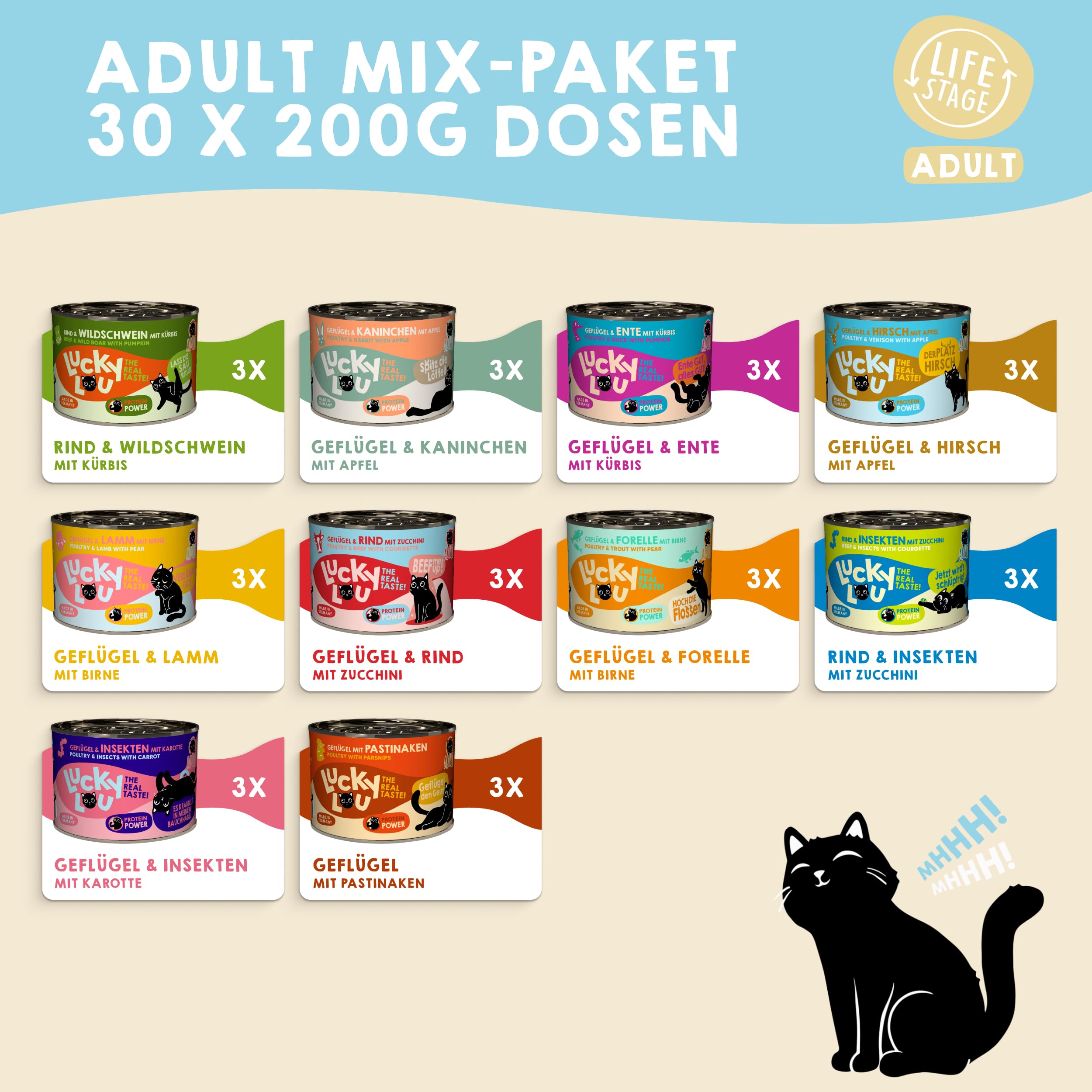 Lucky Lou Lifestage Mix-Paket 30 x 200g - hochwertiges Katzenfutter nass mit viel Protein - Nassfutter getreidefrei & ohne Zucker für Katzen