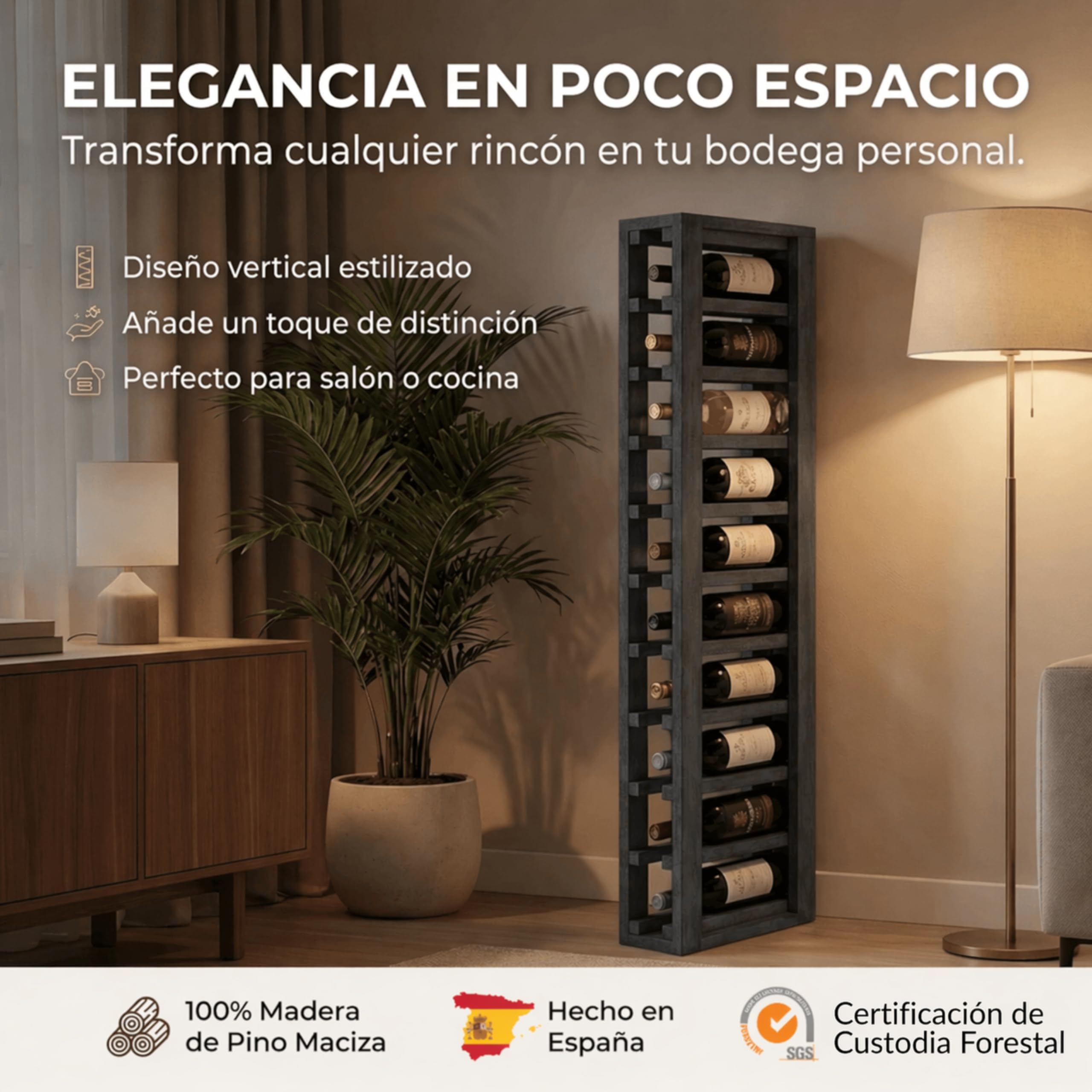 Botellero Vino de Madera Vertical 10 Botellas Pino Negro 105x13x32 cm