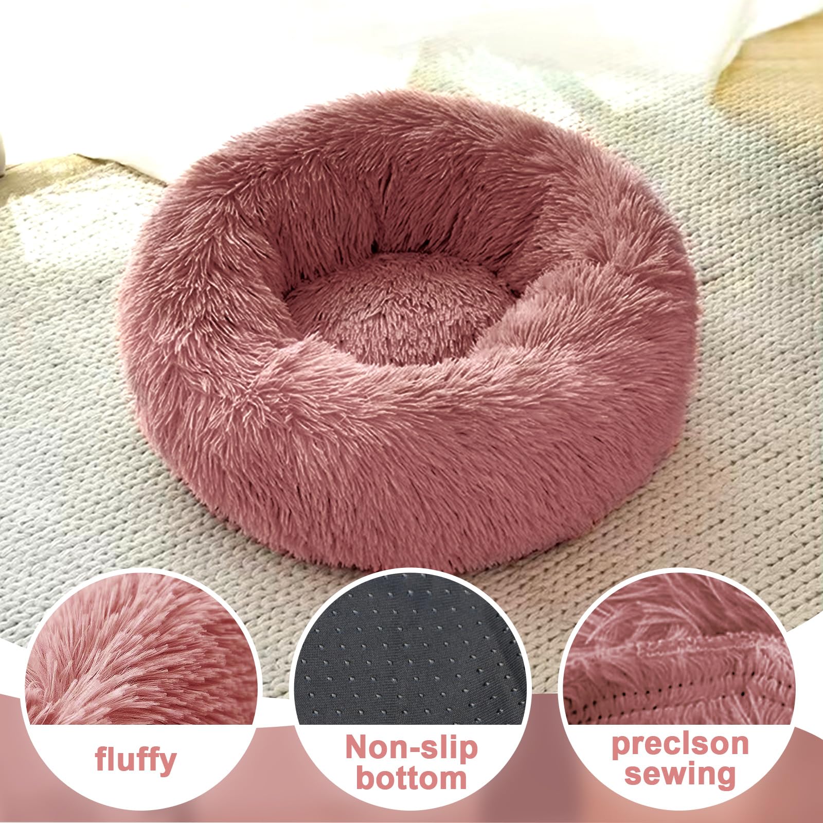 MDDK DY Cuscino per Cani, Cuccia Cane Interno Morbida Rotonda, Cuccia gatto Lavabile e soffice, Base Antiscivolo e Anti-ansia, lettino per cani Diametro Tappeto di Peluche 50 cm Pelle Rosa