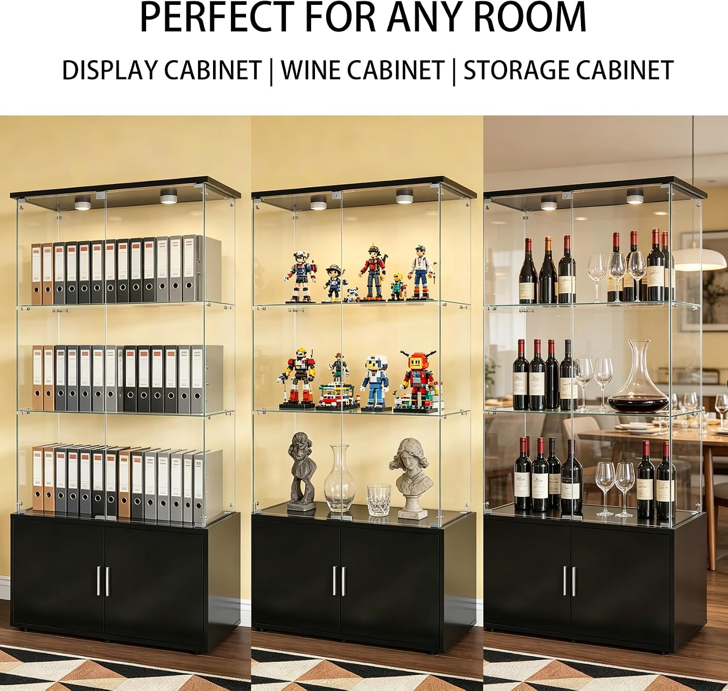 Glass Display Cabinet with Lights - 64.6" Curio Cabinets with Glass Doors - 4-Tier Display Cabinet with Glass Doors | Glass Display Case for Collectibles (Black)
