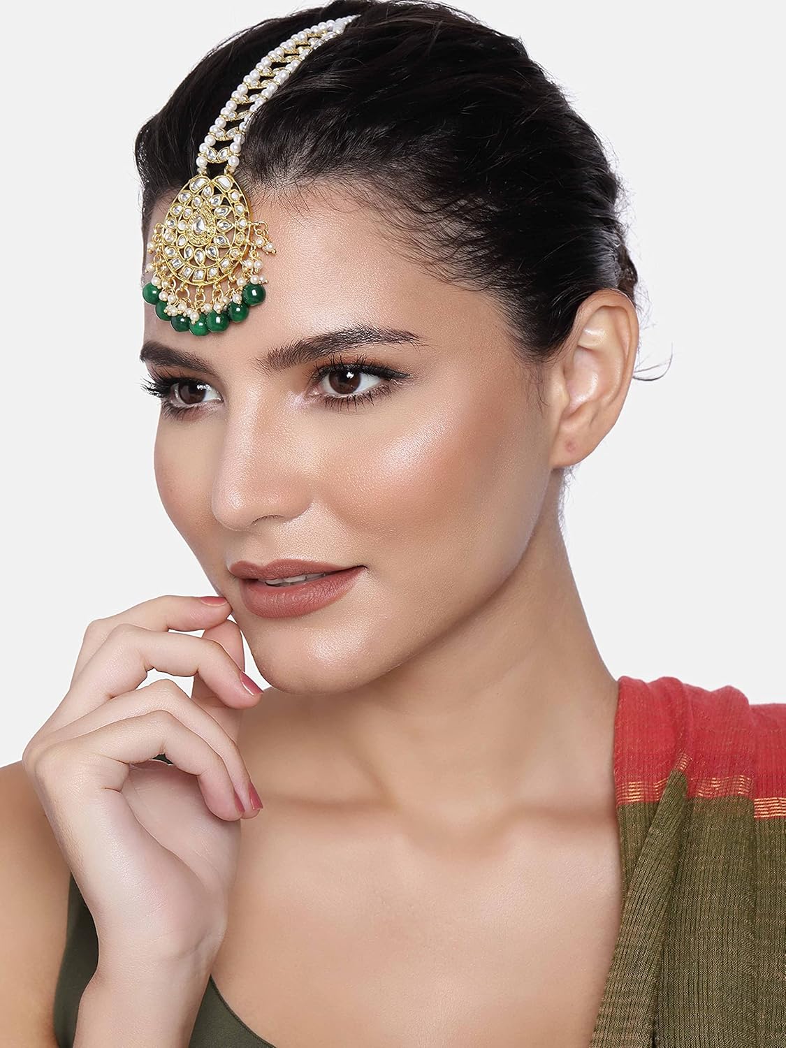Aheli Faux Kundan Beaded Maang Tikka Head Piece Indian Wedding Ethnic Fashion Jewelry Gift for Women Green - Image 2