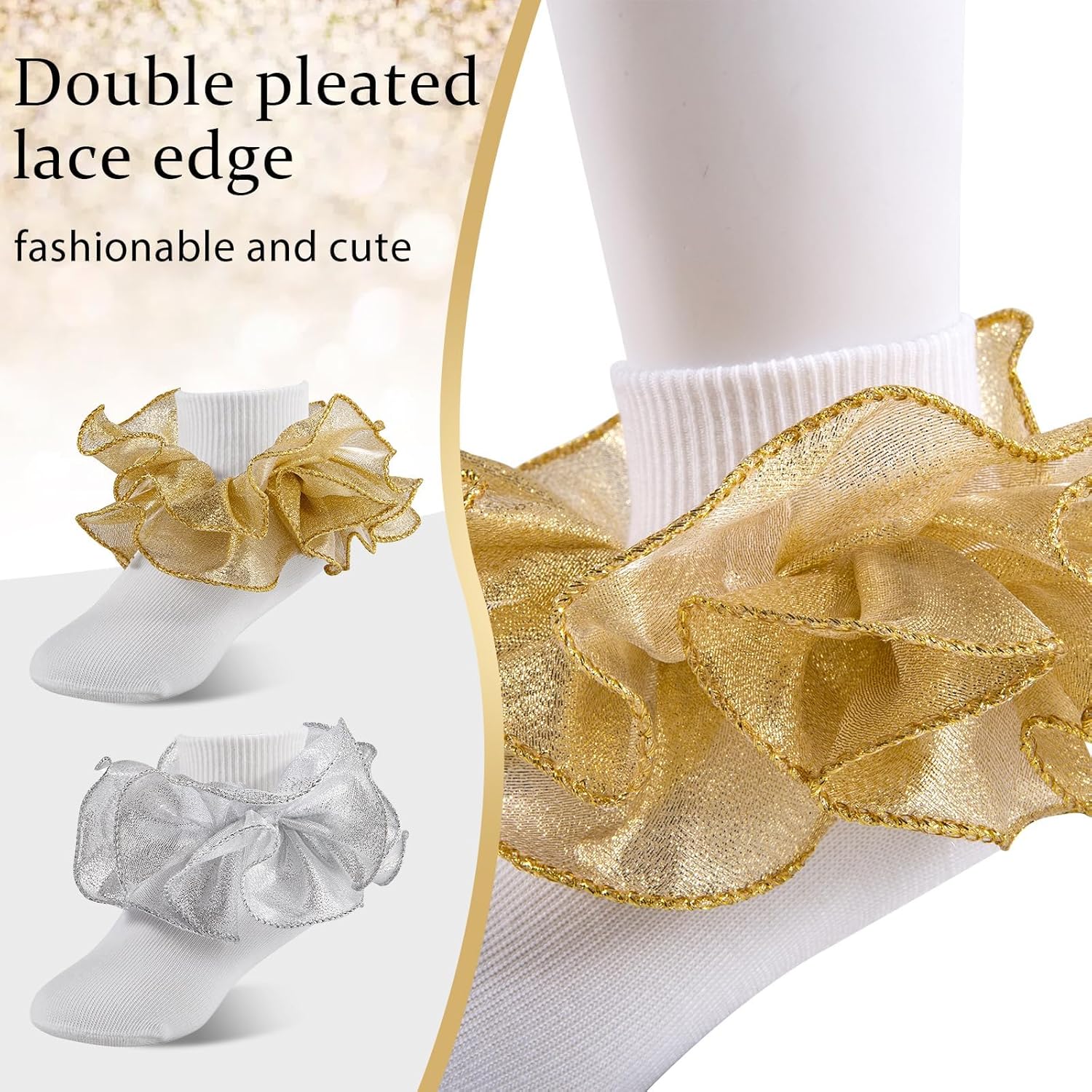 Girls Ruffle Socks Toddler Girl Gold Silver Glitter Double Lace Frilly Dress Socks Turn Cuff Sparkling Pageant Sock - Image 3
