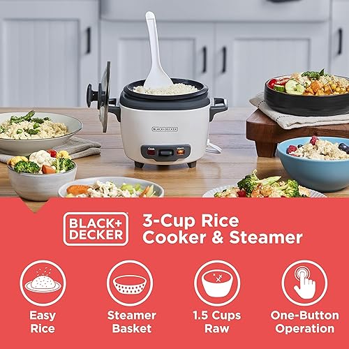 Miniatura 2 de BLACK+DECKER - Olla arrocera de 3 tazas, RC503, 1.5 tazas de arroz crudo, canasta de vapor, cuenco antiadherente extraíble, un toque
