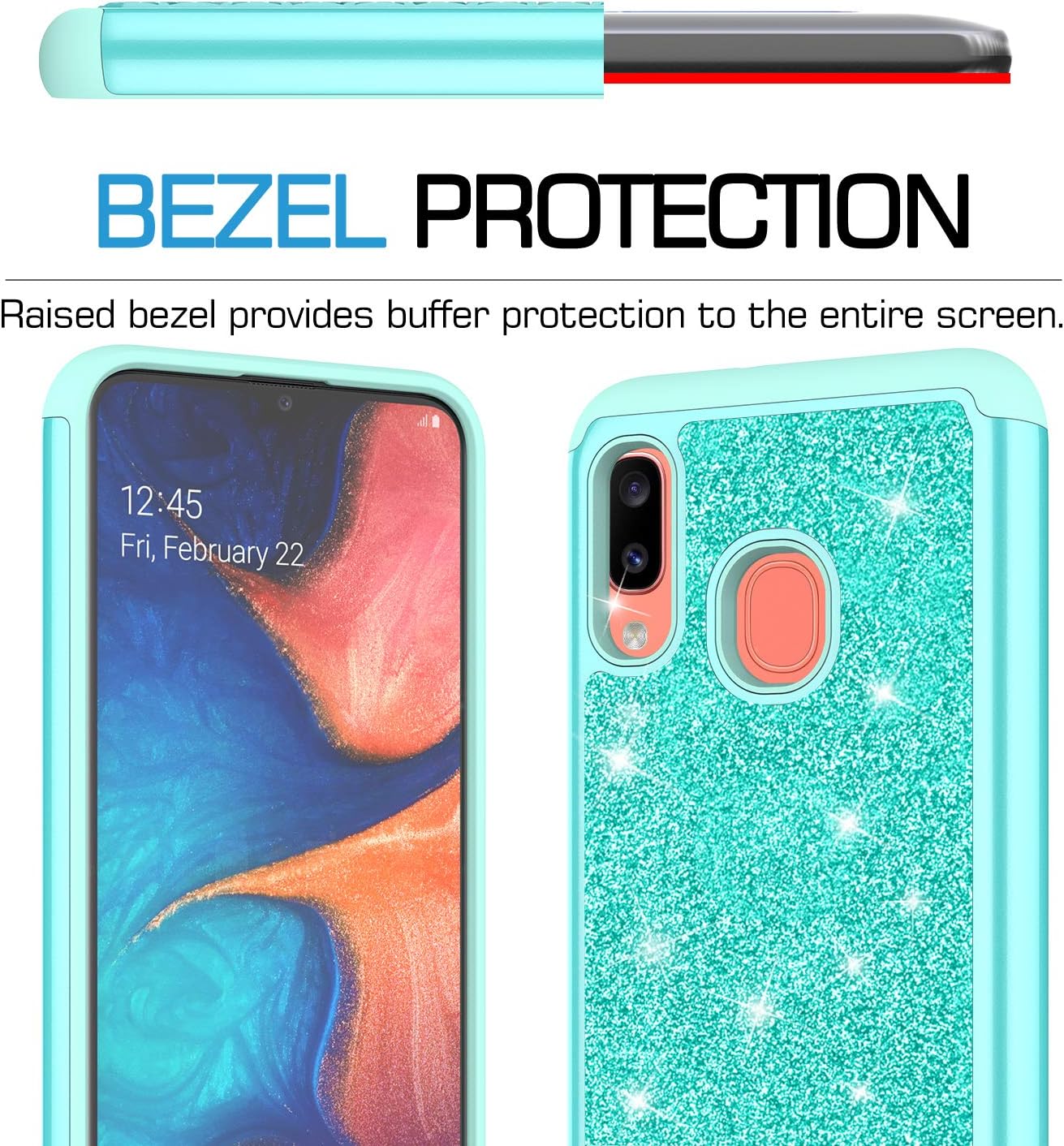 LeYi Compatible with Samsung Galaxy A30 / A20 Case with Glass Screen Protector [2 Pack] for Girls Women, Glitter Bling Dual Layer Heavy Duty Phone Cover Cases for Galaxy A20 / A30 / A205U TP Mint