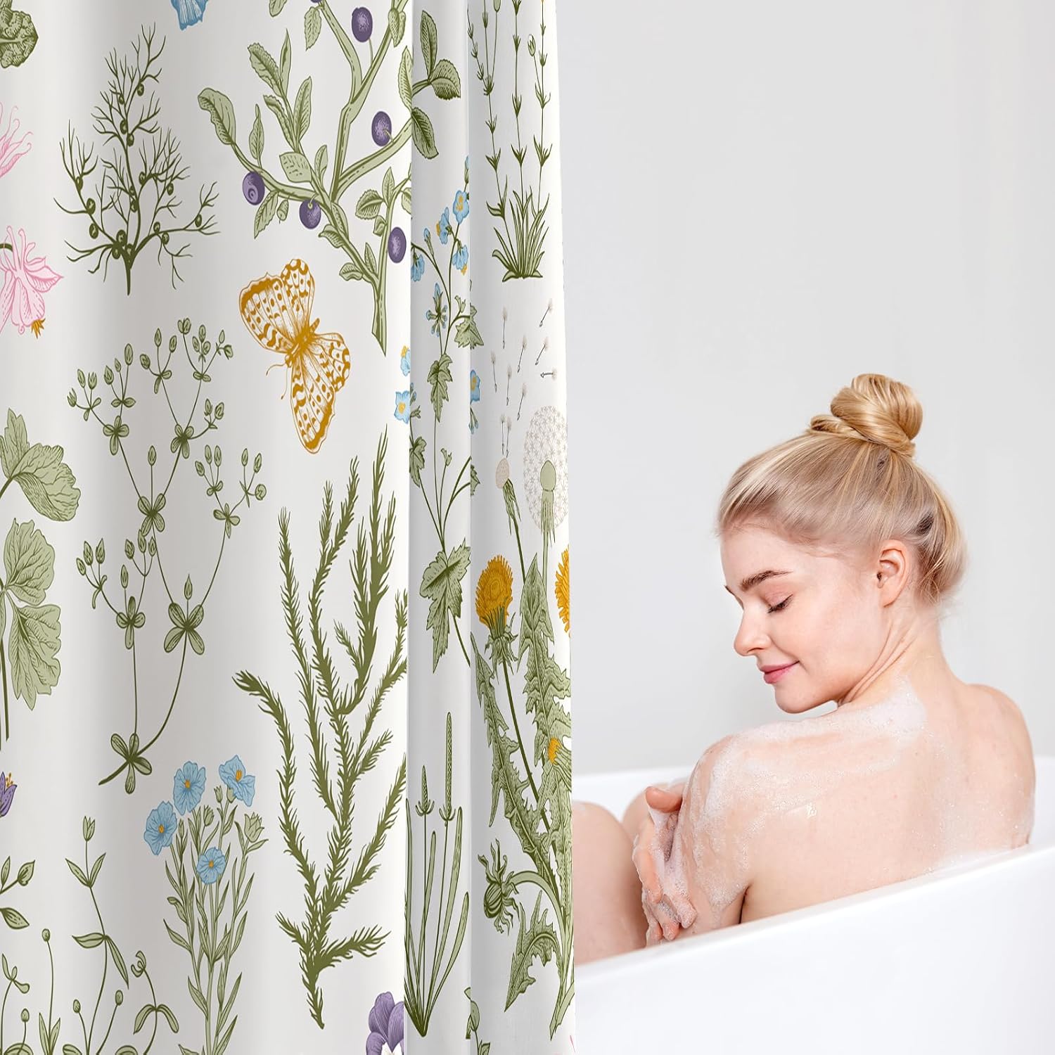 MAYZUS Extra Long Shower Curtain 72 x 96 Inch, Floor to Ceiling X-Long Vintage Botanical Fabric Shower Curtains, 8 Ft Sage Green Beige Cute Boho Floral Aesthetic Bathroom Shower Curtain