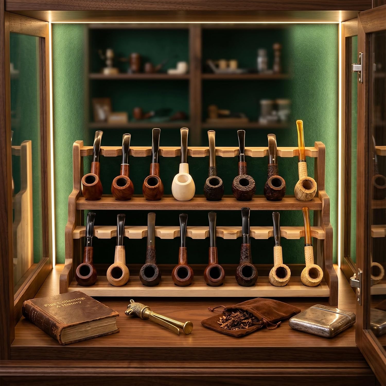 Acacia Wood Tobacco Pipe Stand 16 Pipe Rack 2 Layer Display with Cleaner Set Smoker Gift