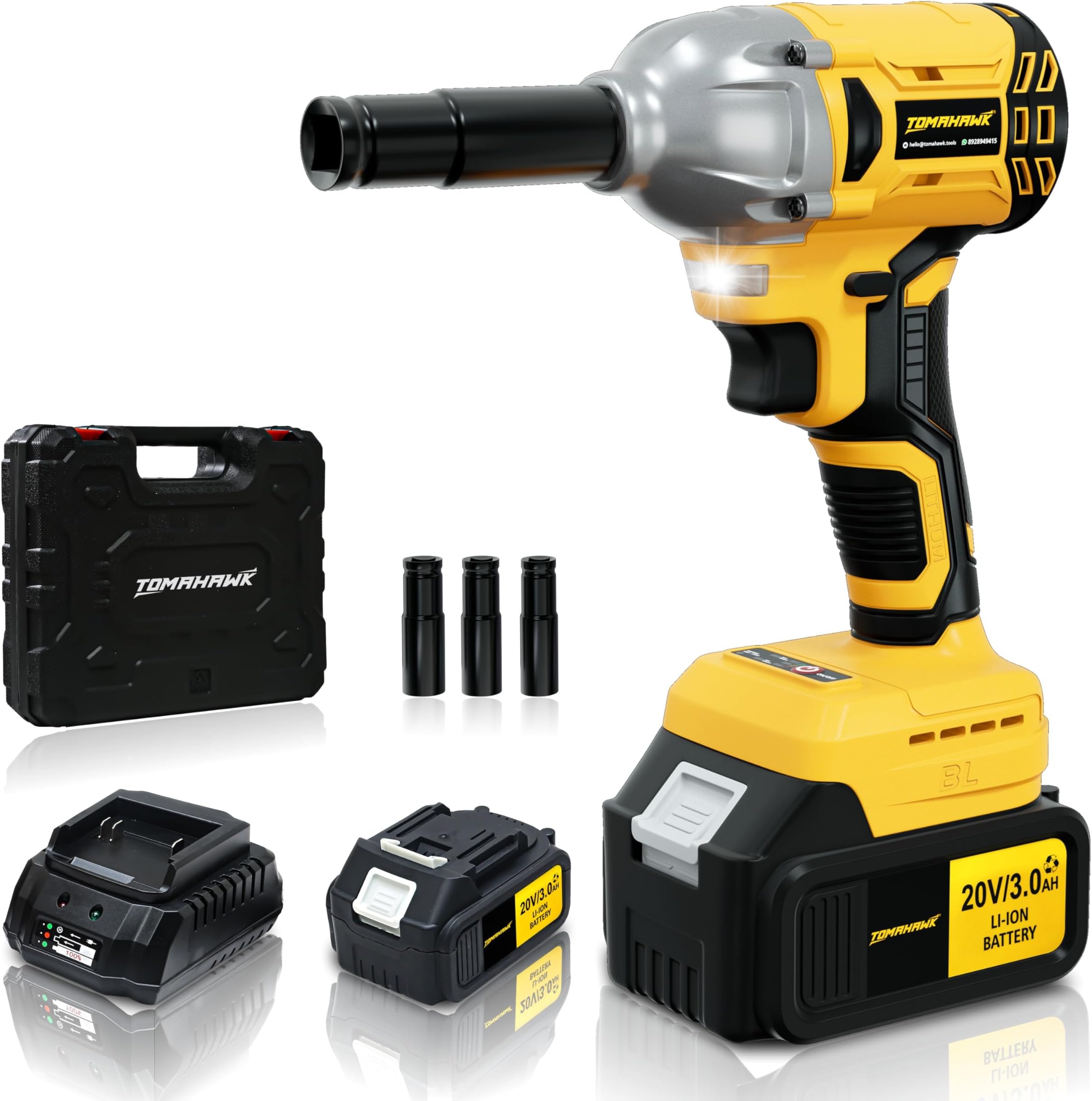 20V Brushless Cordless Impact Wrench T8582, 300Nm Torque, ½” Square Drive + ¼” Hex, 2×3.0Ah Batteries, LED Light, Heavy Duty Professional Tool