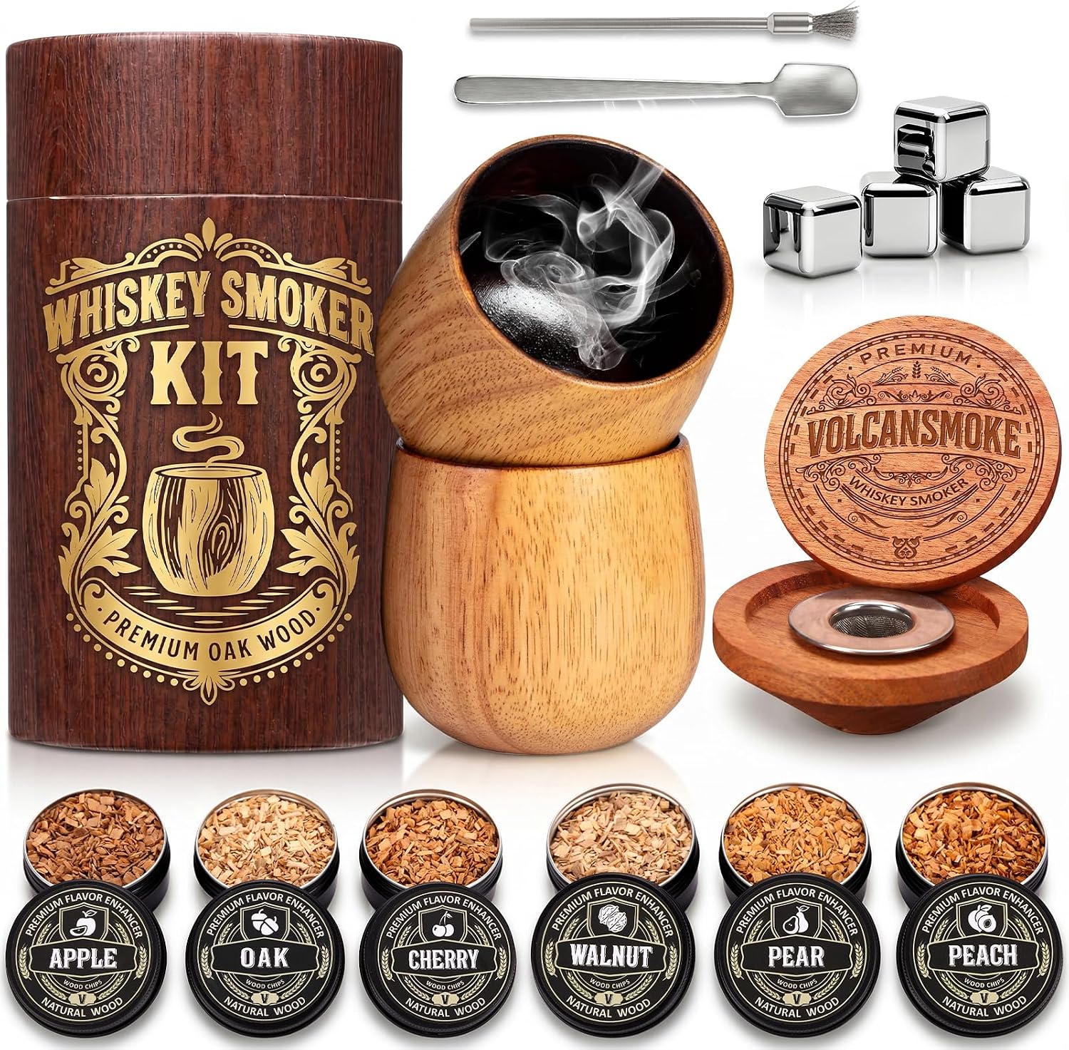 Whiskey Smoker Kit with 2 Oak Charred Glasses, Wood Chips, Steel Cubes
