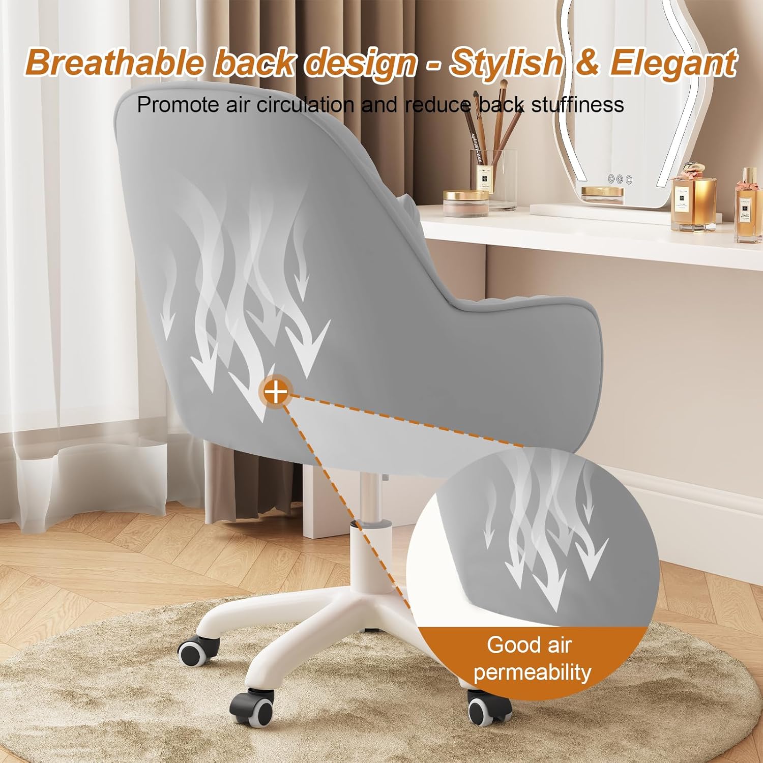 JPBSTO Cute Home Office Chair Velvet Upholstered Desk Chairs with Mid Back Swivel Adjustable Makeup Vanity Computer Chair with Wheels