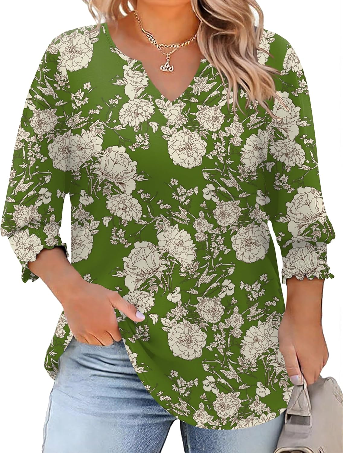 Rapbin Womens Plus Size Tops 3/4 Sleeve Blouses Shirts Casual V Neck Loose Tunic Tops 1X-5X