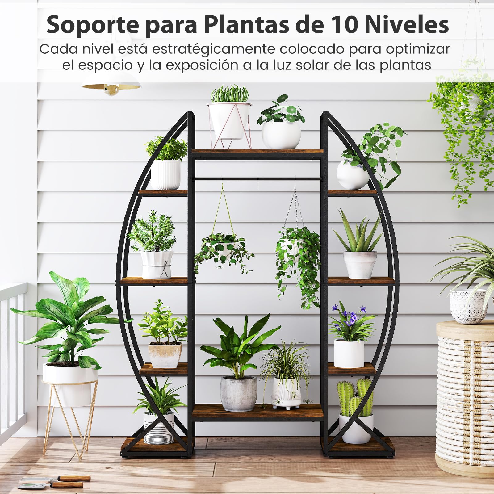 COSTWAY Soporte para Plantas de Interior con Luces de Crecimiento, Estante Metálico en Esquina con 10 Niveles, Estantería para Macetas Grandes, Estante Decorativo con Curvas para Salón Balcón