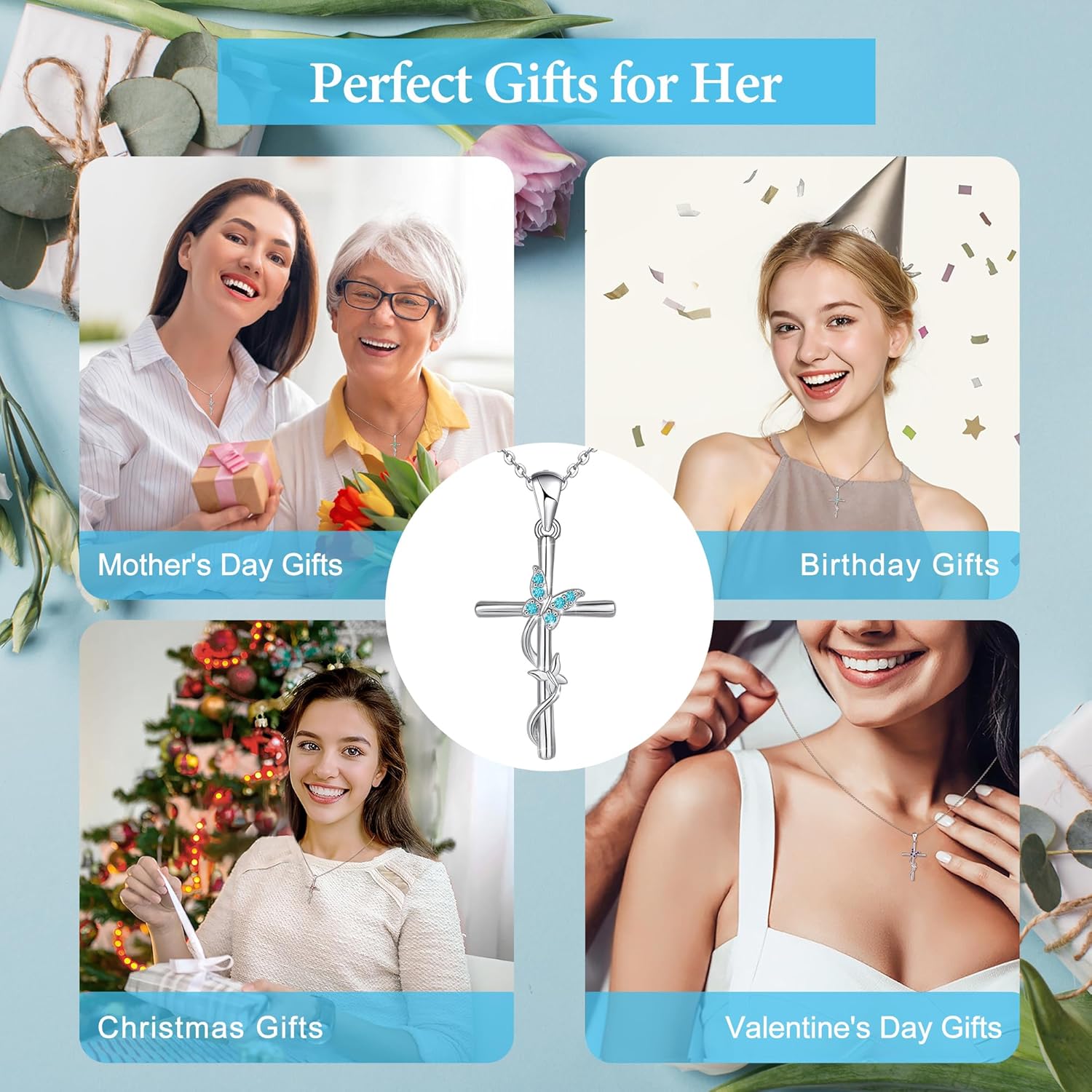 Distance Cross Birthstone Necklace for Women, 925 Sterling Silver Butterfly Cross Pendant, Birthstone Necklace Birthday Christmas Valentines Gifts for Her - Image 5