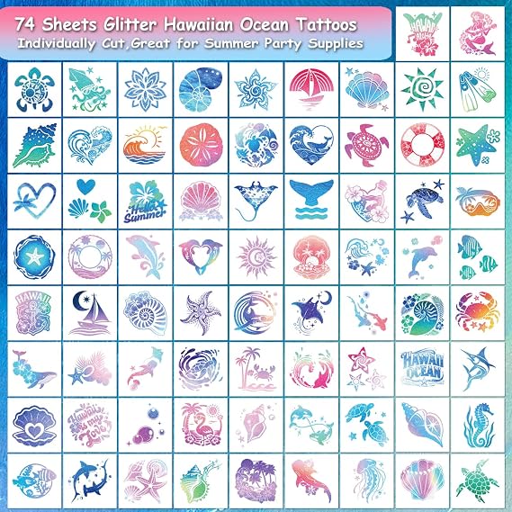 CHARLENT Glitter Hawaiian Ocean Temporary Tattoos for Kids