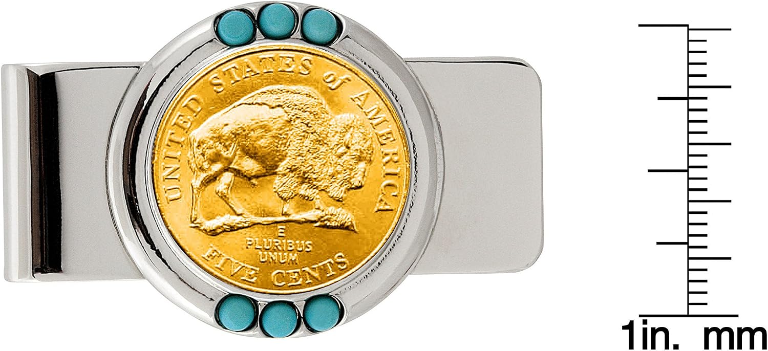 Coin Money Clip - Westward Journey Bison Nickel Layered in Pure 24k Gold | Brass Moneyclip Layered in Silver-Tone Rhodium | Genuine Turquoise Stones | Holds Currency, Credit Cards, Cash