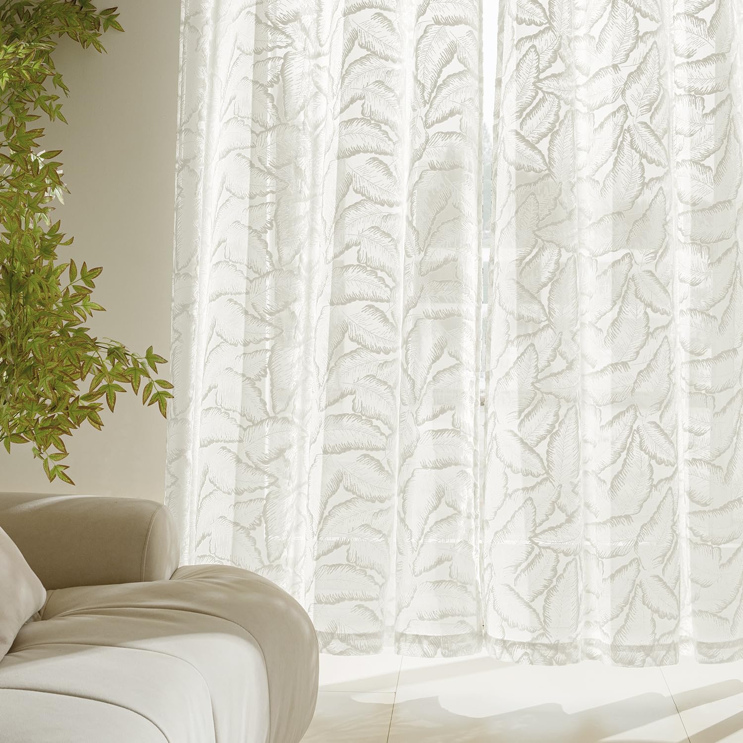 MIULEE Tende Ricamate a Foglie Trasparenti per Soggiorno e Camera da Letto - Eleganti e Moderne Con Occhielli, Set di 2 Pezzi 140X240 cm Bianco