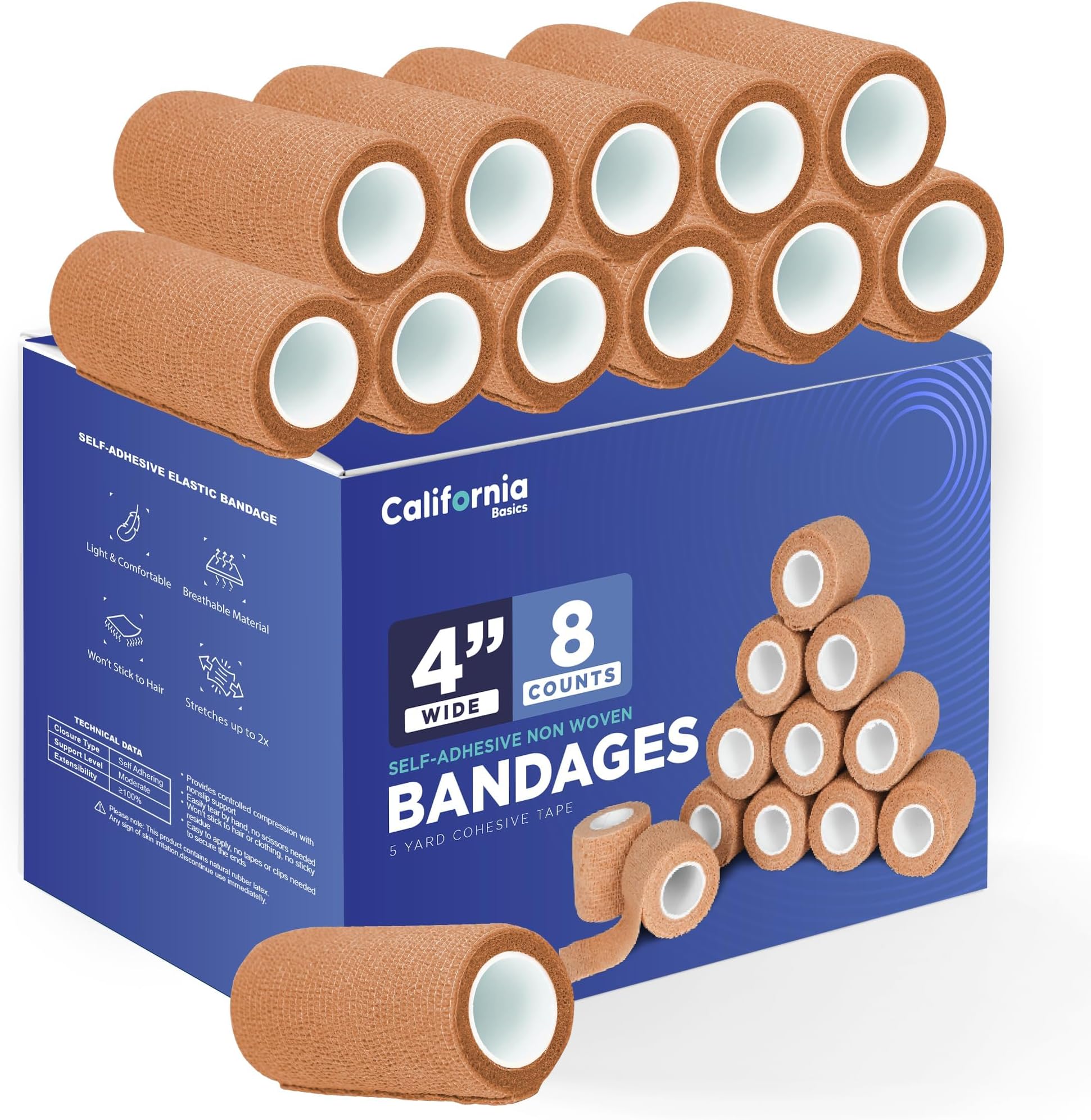 Self-Adhesive Bandage Wrap - Suitable for All Sports - Breathable Athletic Tape for Wrists - Knee and Ankle - Self Adhesive Bandage- 4 Inch- 8 Pack - Brown